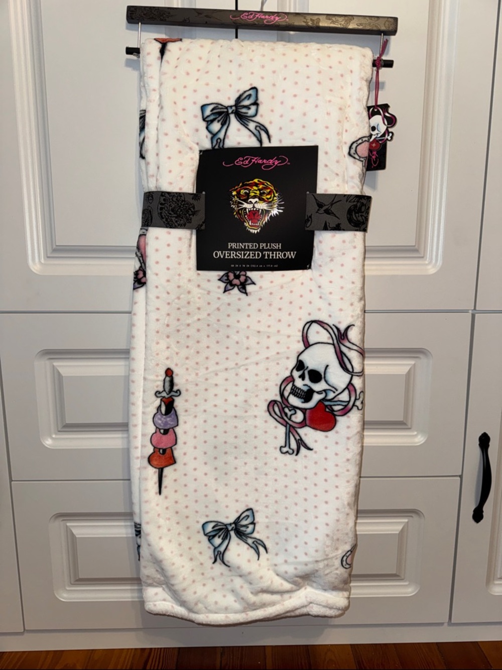 Ed Hardy White Plush Oversized Throw with Pink and Black Accents